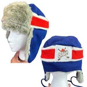 Labatt Blue Trapper Hat Men OS Blue Faux Fur Ear Flap Knit Bomber Beanie Hat